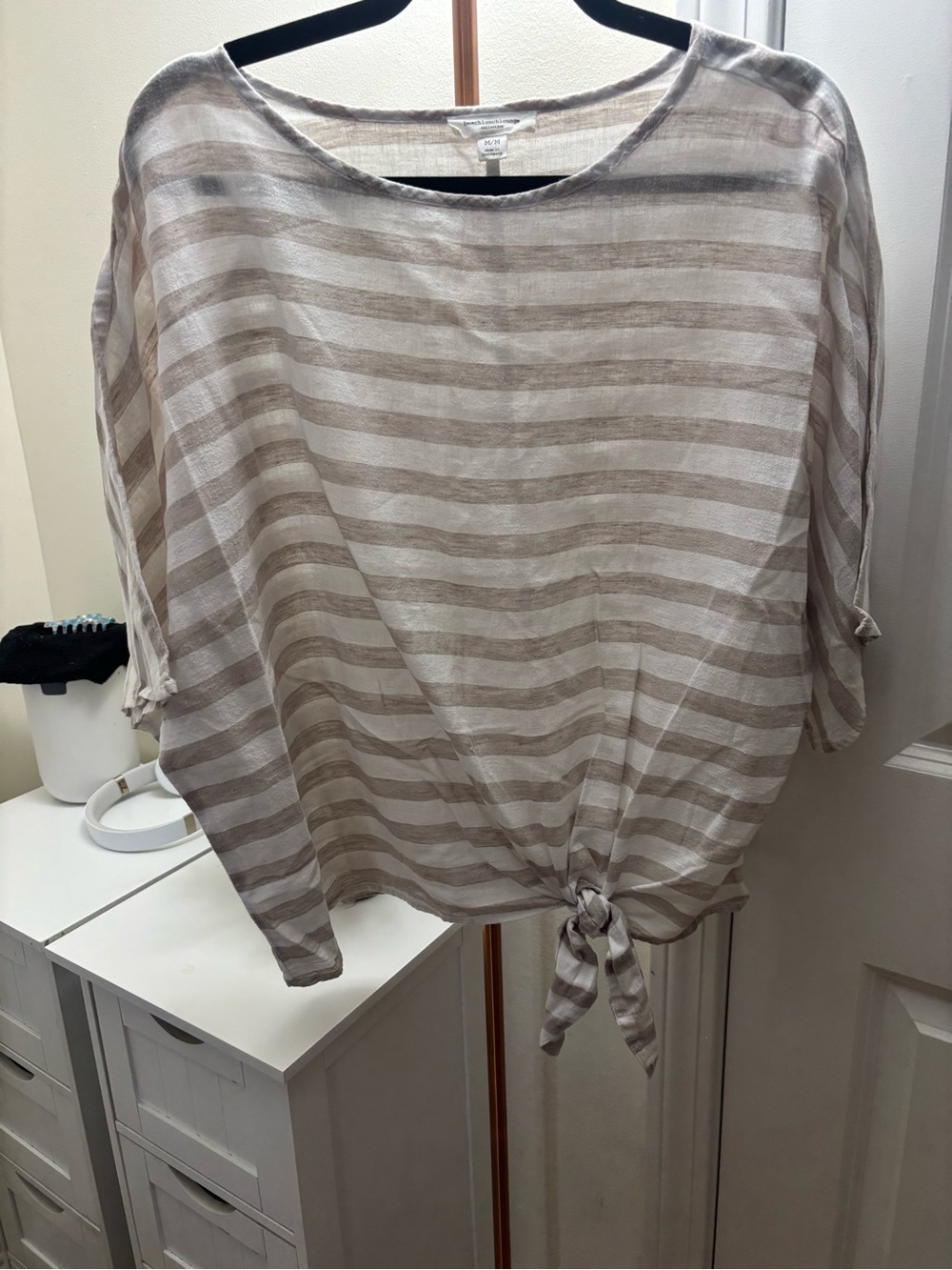 beachlunchlounge Taupe and Cream Striped Linen Tee - Picture 2 of 3